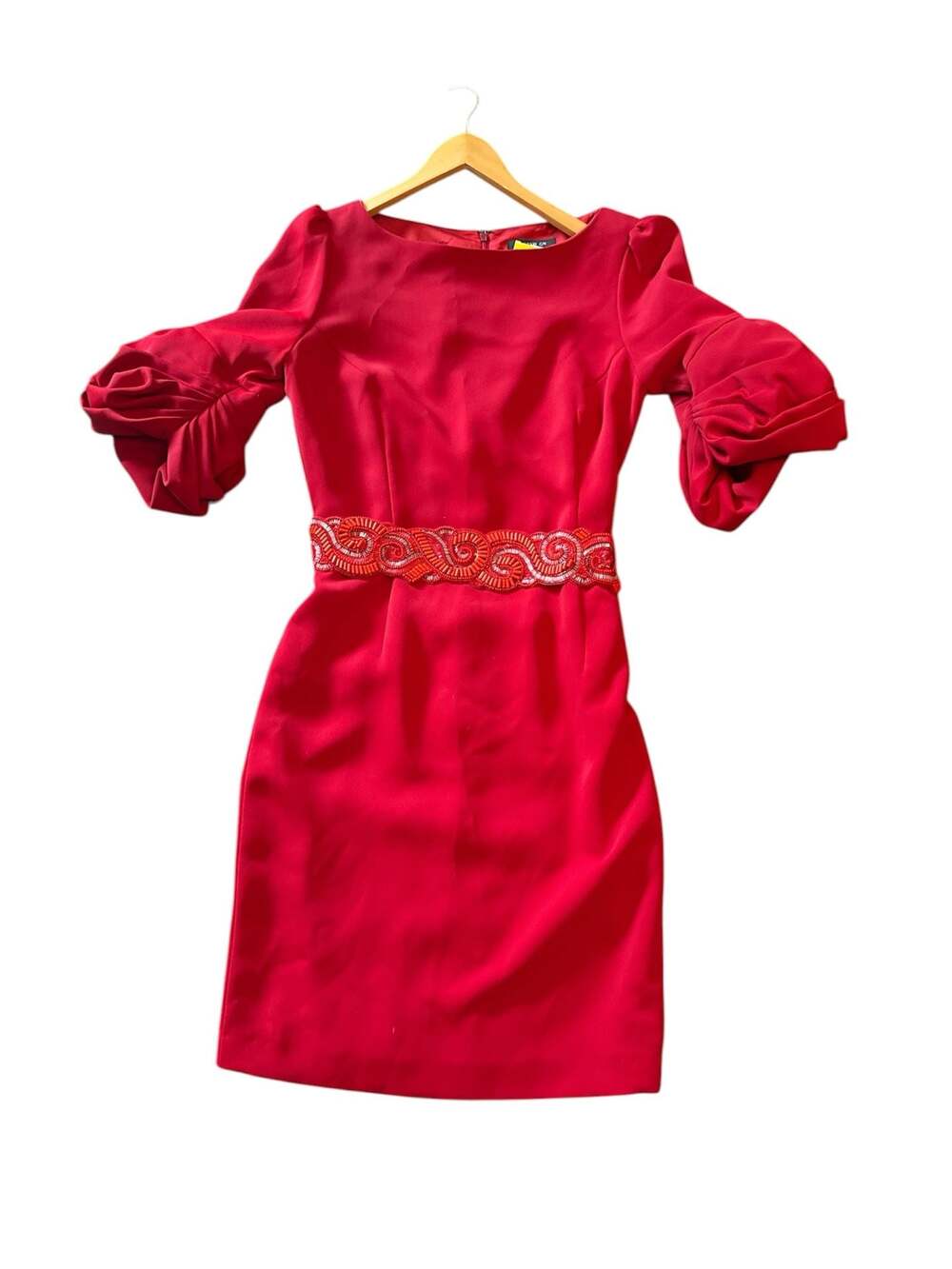 Andrew Gn Red Embellished Puff Sleeve Midi Dress with Beaded Belt Detail Size 42